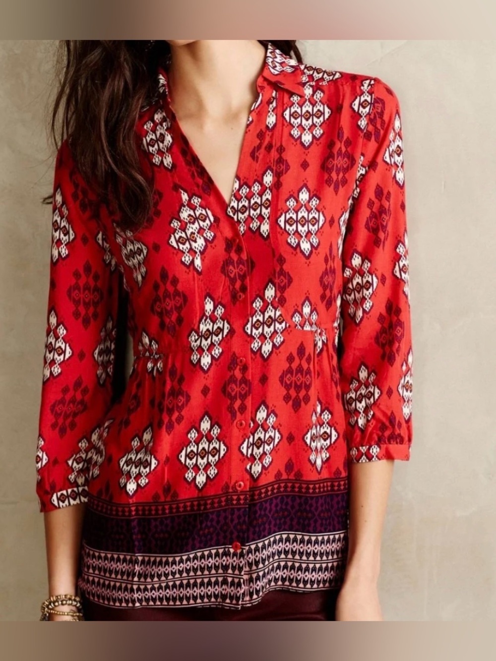 Maeve by Anthropologie Red Printed Button-Down 3/4 /Sleeve Blouse - Size 6